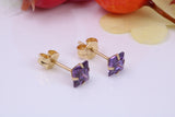 February Amethyst Cubic Zirconia set Birthstone Stud Earrings, Made from Solid 9ct Yellow Gold, Choice of Two Sizes