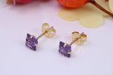 February Amethyst Cubic Zirconia set Birthstone Stud Earrings, Made from Solid 9ct Yellow Gold, Choice of Two Sizes