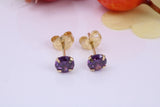 February Amethyst Cubic Zirconia set Birthstone Stud Earrings, Made from Solid 9ct Yellow Gold, Choice of Two Sizes