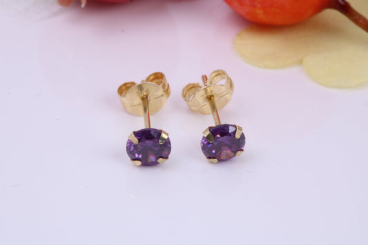 February Amethyst Cubic Zirconia set Birthstone Stud Earrings, Made from Solid 9ct Yellow Gold, Choice of Two Sizes