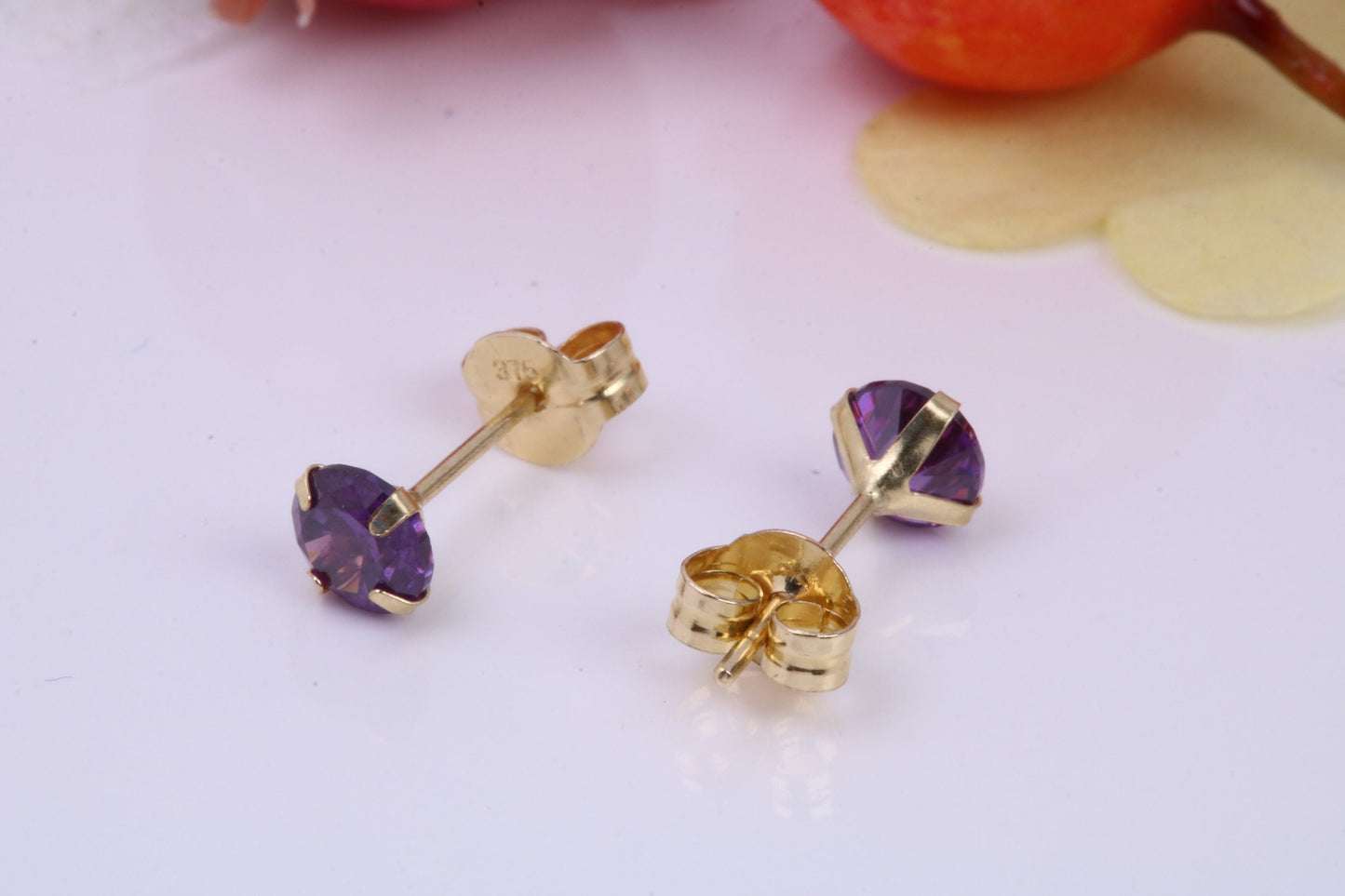 February Amethyst Cubic Zirconia set Birthstone Stud Earrings, Made from Solid 9ct Yellow Gold, Choice of Two Sizes