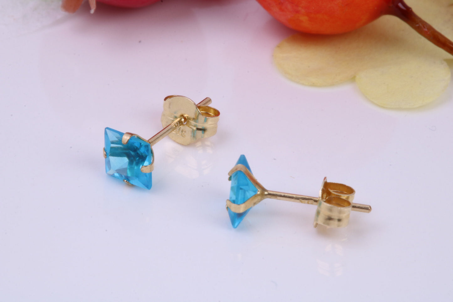 March Aquamarine Cubic Zirconia set Birthstone Stud Earrings, Made from Solid 9ct Yellow Gold, Choice of Two Sizes