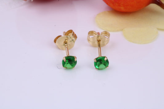 May Emerald Cubic Zirconia set Birthstone Stud Earrings, Made from Solid 9ct Yellow Gold, Choice of Two Sizes