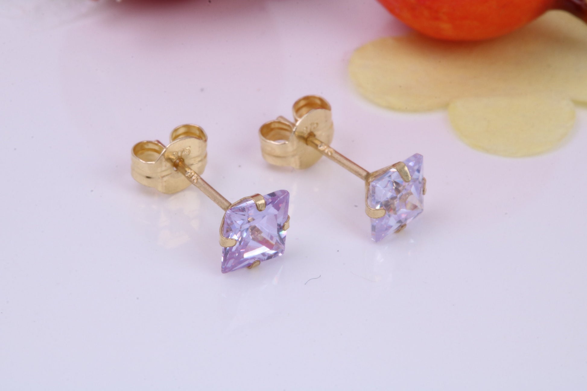 June Light Amethyst Cubic Zirconia set Birthstone Stud Earrings, Made from Solid 9ct Yellow Gold, Choice of Two Sizes