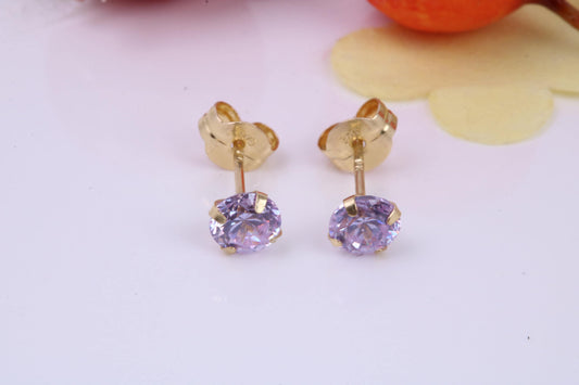 June Light Amethyst Cubic Zirconia set Birthstone Stud Earrings, Made from Solid 9ct Yellow Gold, Choice of Two Sizes