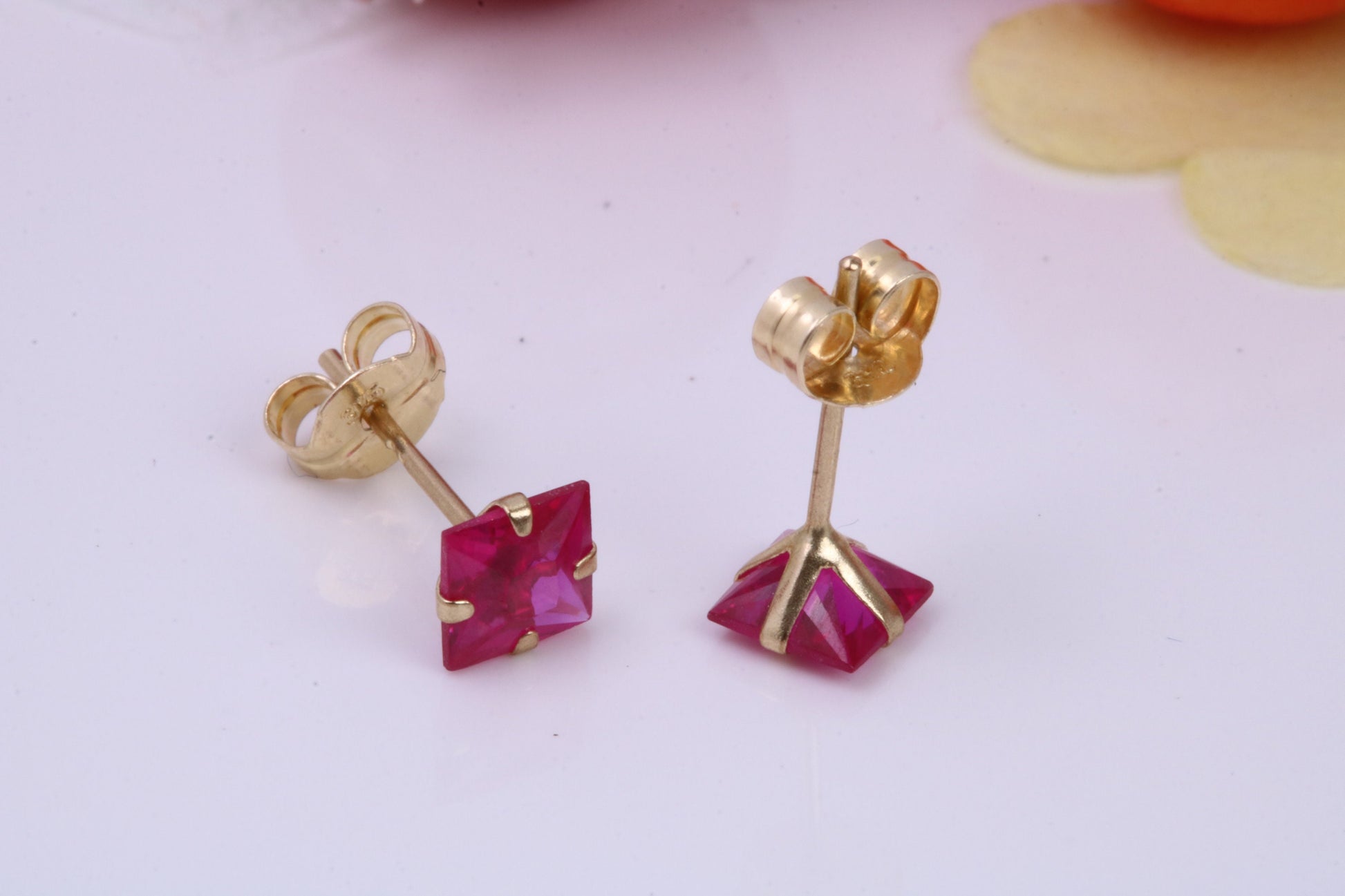July Ruby Cubic Zirconia set Birthstone Stud Earrings, Made from Solid 9ct Yellow Gold, Choice of Two Sizes