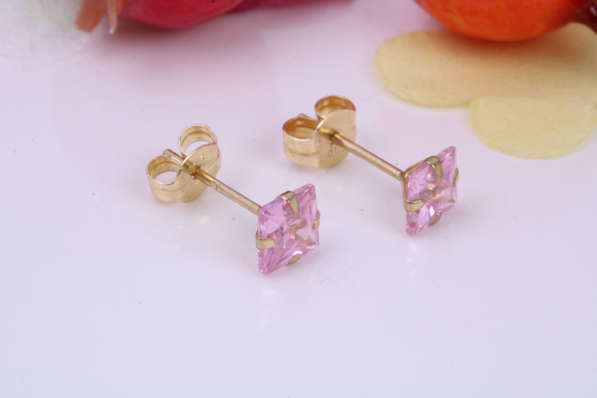 October Pink Rose Cubic Zirconia set Birthstone Stud Earrings, Made from Solid 9ct Yellow Gold, Choice of Two Sizes