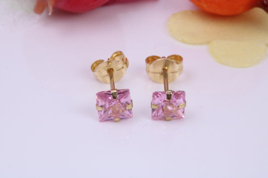 October Pink Rose Cubic Zirconia set Birthstone Stud Earrings, Made from Solid 9ct Yellow Gold, Choice of Two Sizes