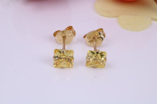 November Yellow Sapphire Cubic Zirconia set Birthstone Stud Earrings, Made from Solid 9ct Yellow Gold, Choice of Two Sizes