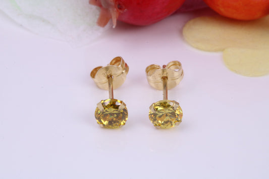 November Yellow Sapphire Cubic Zirconia set Birthstone Stud Earrings, Made from Solid 9ct Yellow Gold, Choice of Two Sizes