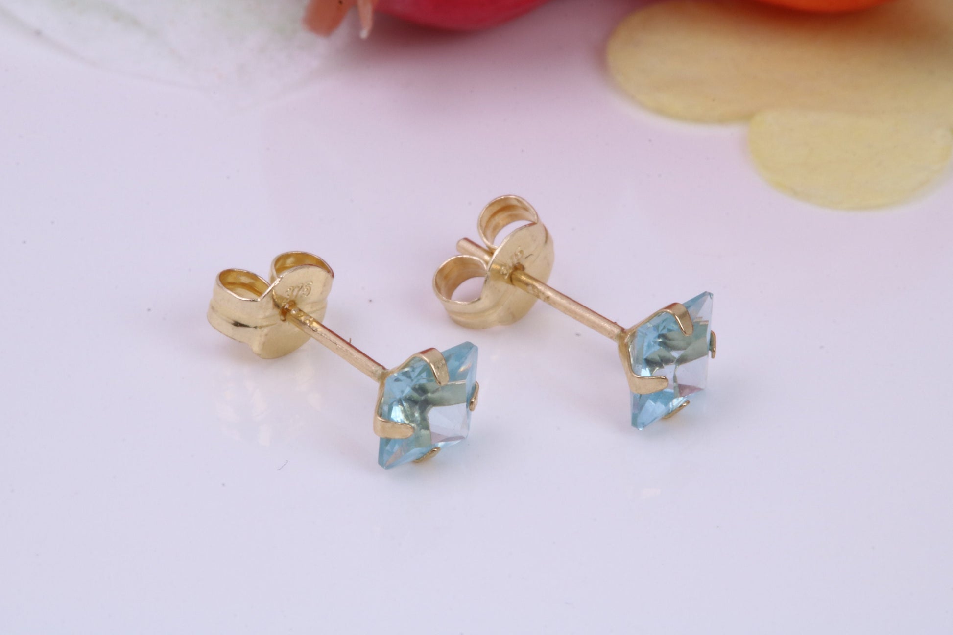 December Blue Zircon Cubic Zirconia set Birthstone Stud Earrings, Made from Solid 9ct Yellow Gold, Choice of Two Sizes