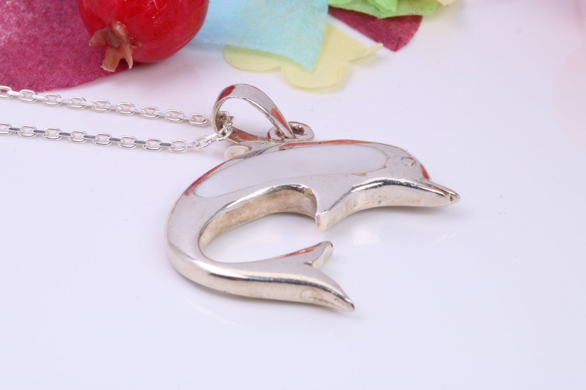 Dolphin Necklace Inlaid with Mother of Pearl, Made from Solid Sterling Silver