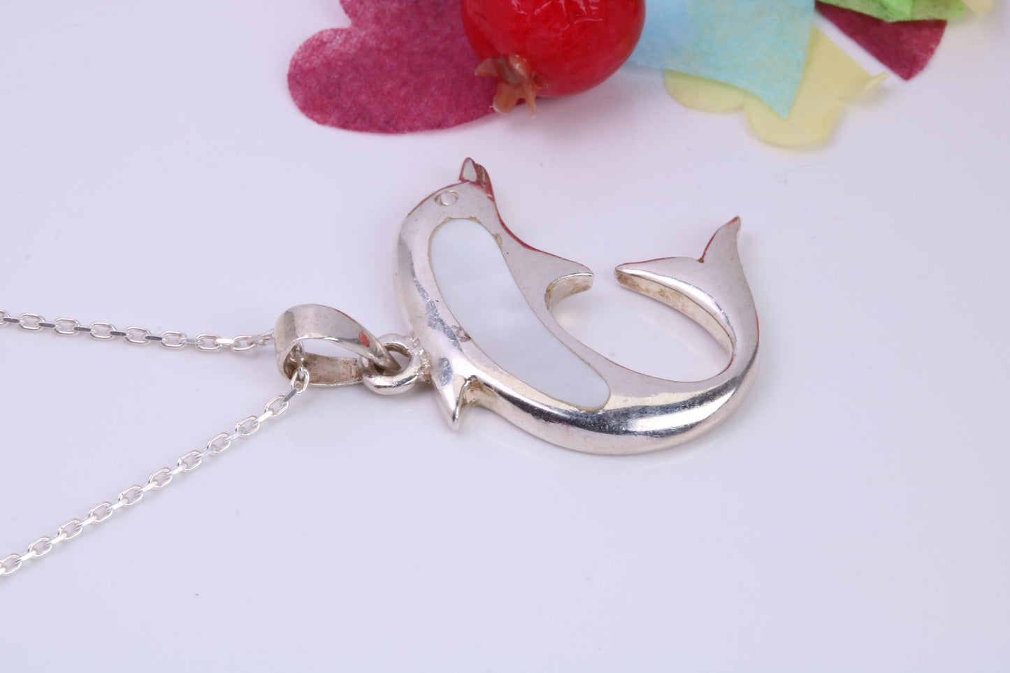 Dolphin Necklace Inlaid with Mother of Pearl, Made from Solid Sterling Silver