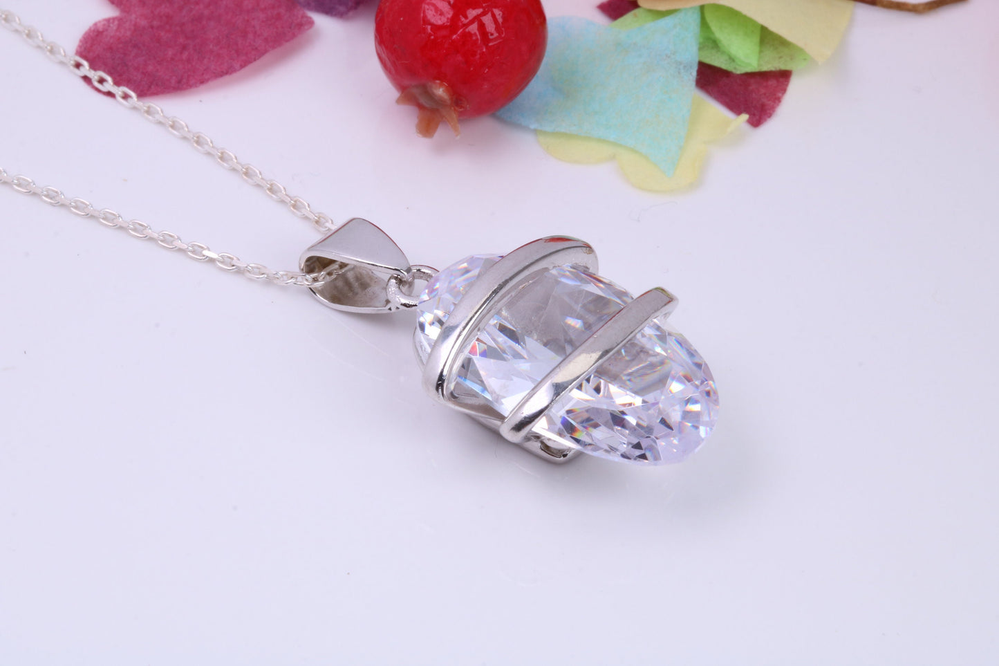 Large Oval cut Cubic Zirconia set Necklace, Made from Solid Sterling Silver, Very Dressy