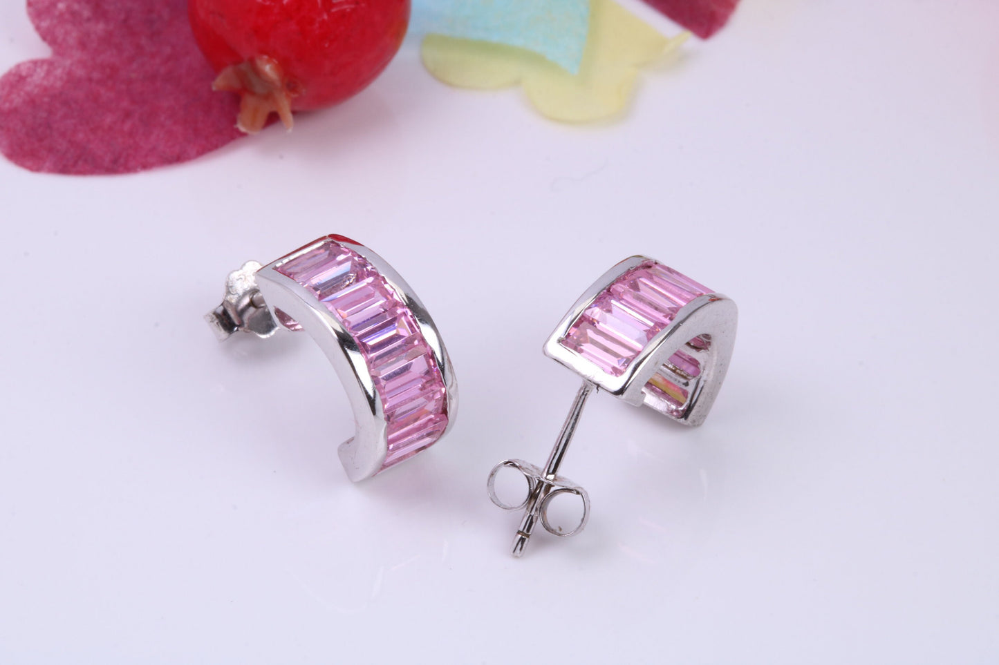 Half Hoop Pink Cubic Zirconia set Stud Earrings, Very Dressy, Made from Solid 925 Grade Sterling Silver