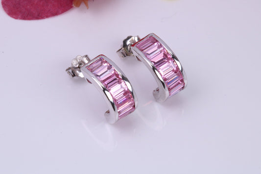 Half Hoop Pink Cubic Zirconia set Stud Earrings, Very Dressy, Made from Solid 925 Grade Sterling Silver