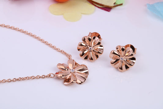 Flower Cubic Zirconia set Necklace and Earrings, Made from solid Sterling Silver, 18ct Rose Gold Plated