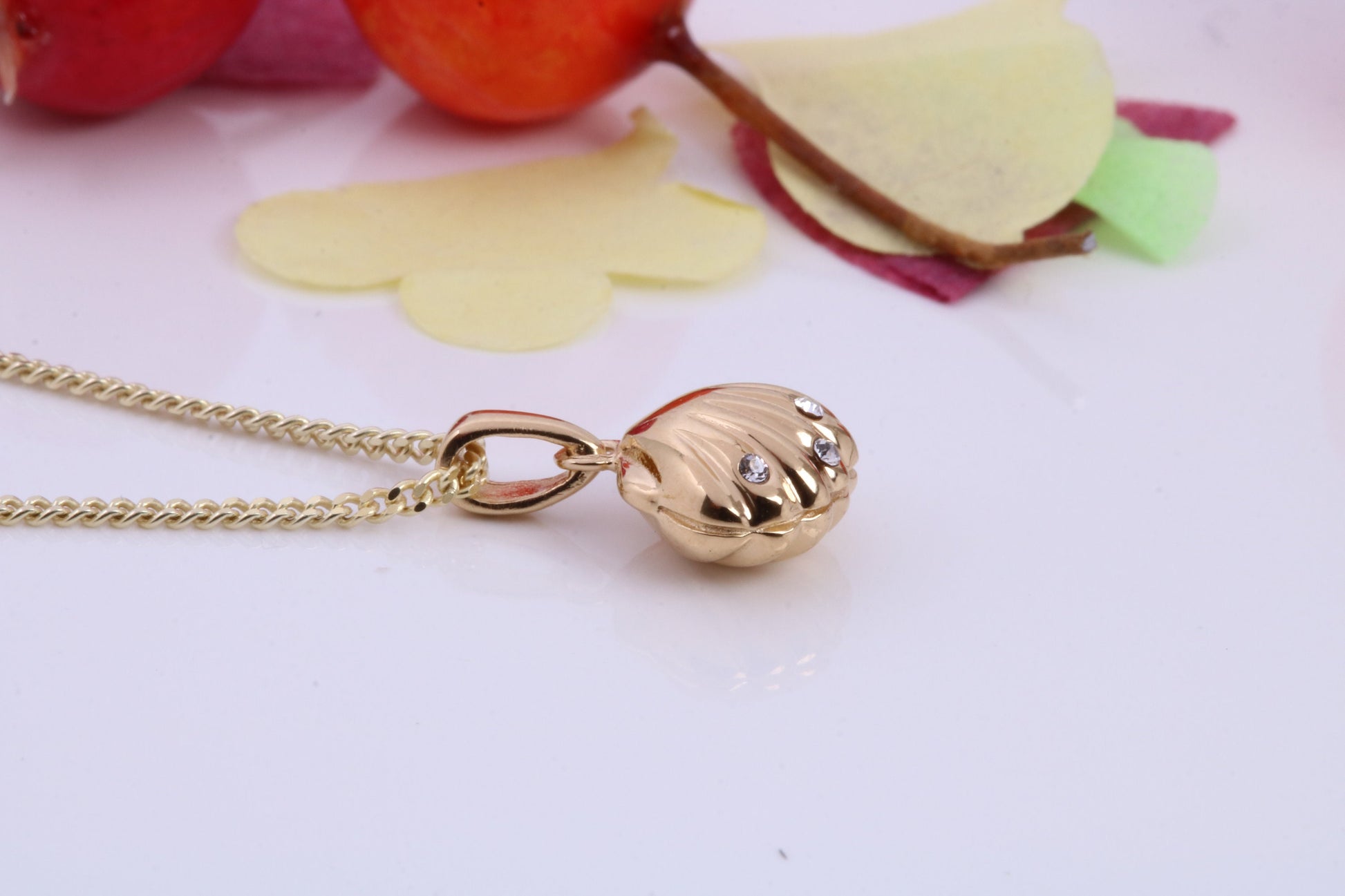 Shell Necklace set with Cubic Zirconia, Made from solid Sterling Silver, 18ct Yellow Gold Plated