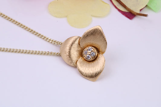 Flower Necklace set with Cubic Zirconia, Made from solid Sterling Silver, 18ct Yellow Gold Plated