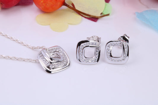 Square Face Necklace and Earrings, Cubic Zirconia set, Made from solid Sterling Silver