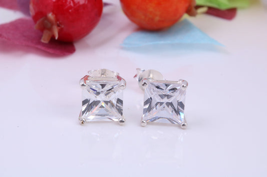 8 mm Square Cubic Zirconia set Stud Earrings, Made from Solid Cast Sterling Silver, Ideal for Gents