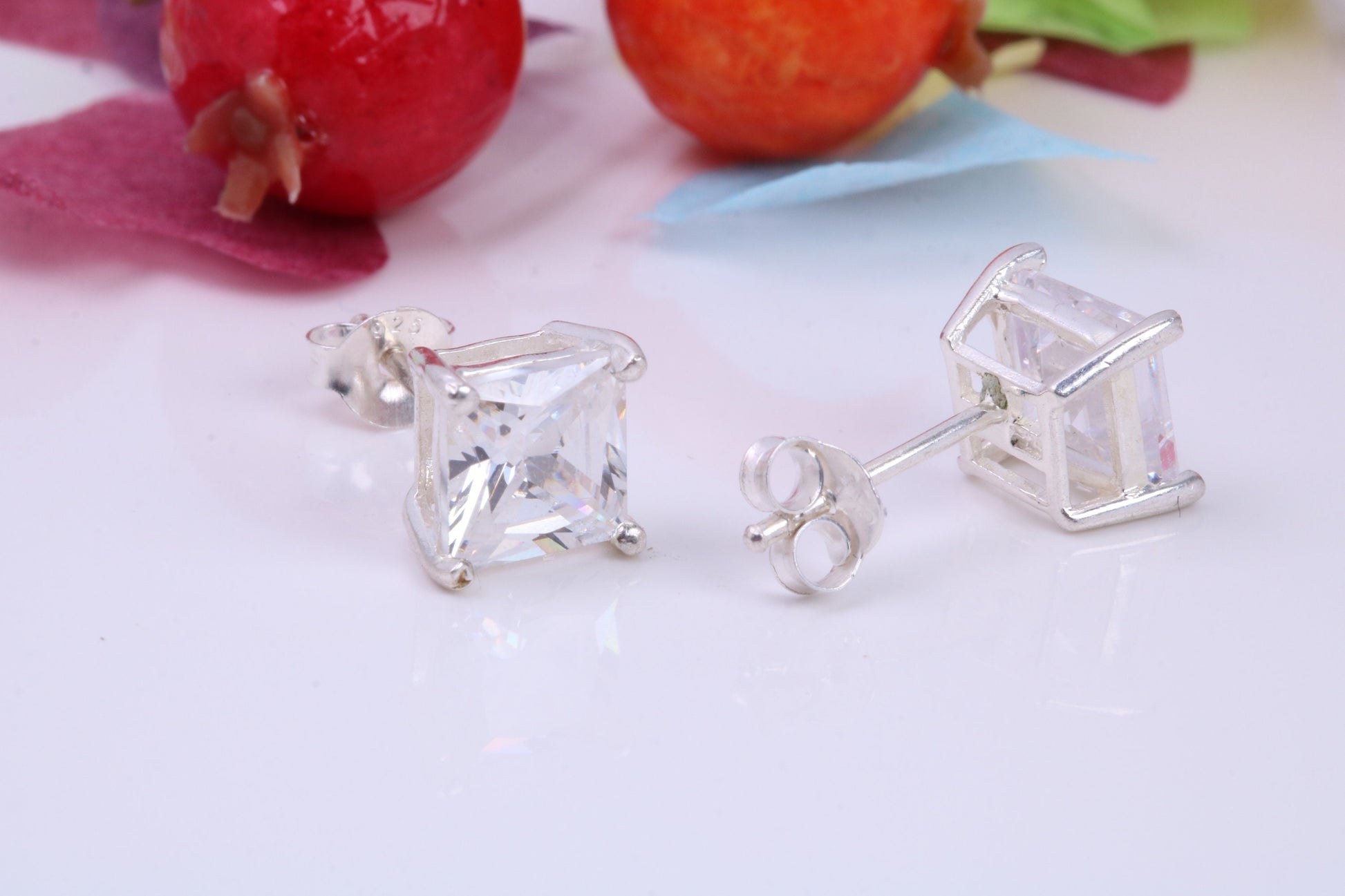 7 mm Square Cubic Zirconia set Stud Earrings, Made from Solid Cast Sterling Silver, Ideal for Gents