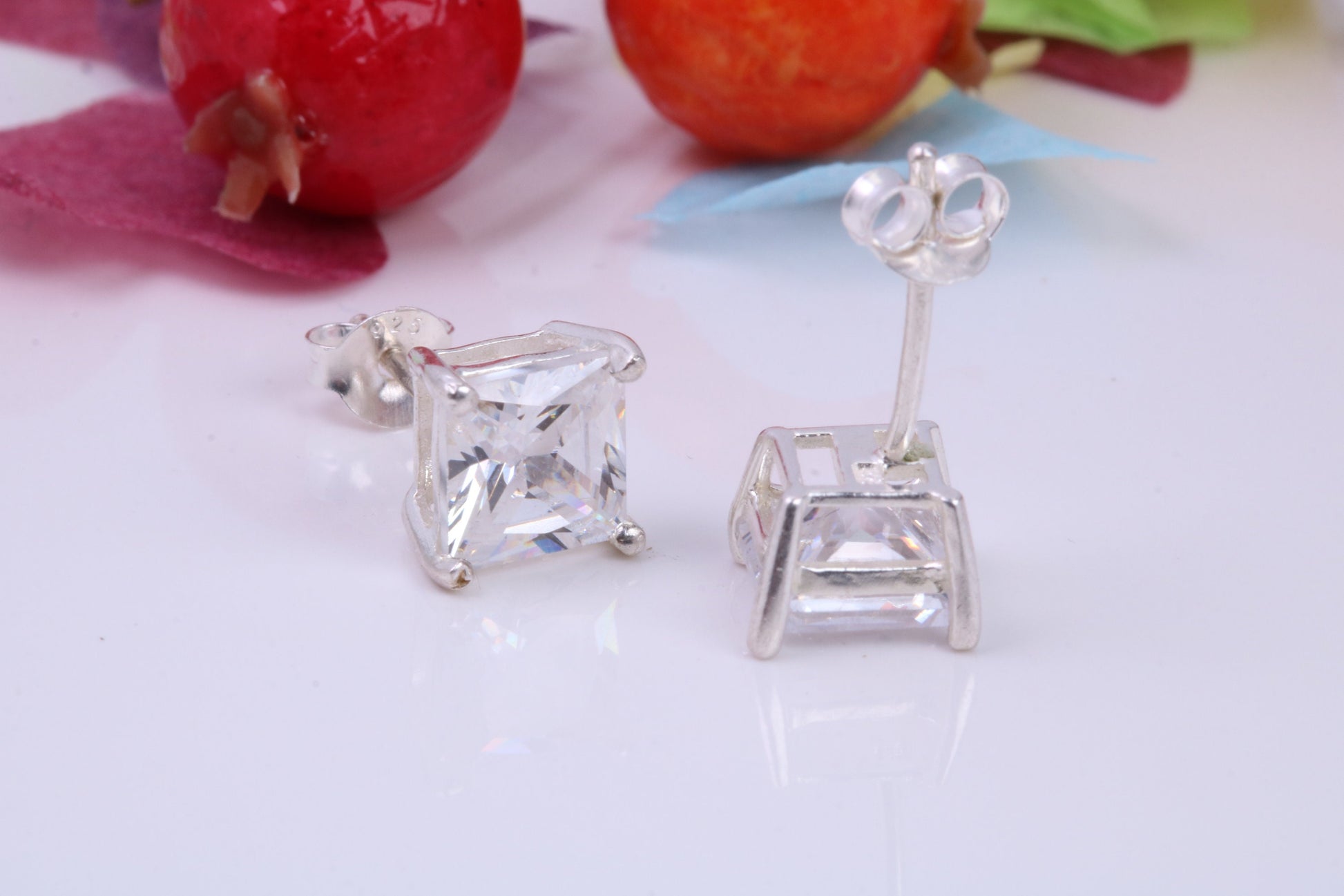 8 mm Square Cubic Zirconia set Stud Earrings, Made from Solid Cast Sterling Silver, Ideal for Gents
