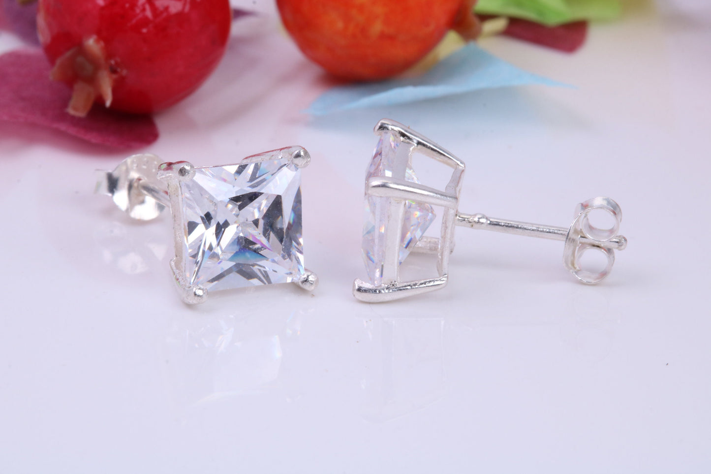 9 mm Square Cubic Zirconia set Stud Earrings, Made from Solid Cast Sterling Silver, Ideal for Gents