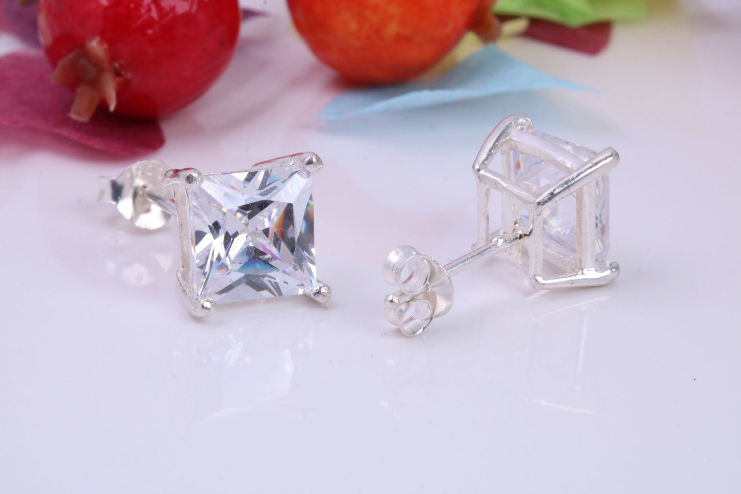 9 mm Square Cubic Zirconia set Stud Earrings, Made from Solid Cast Sterling Silver, Ideal for Gents