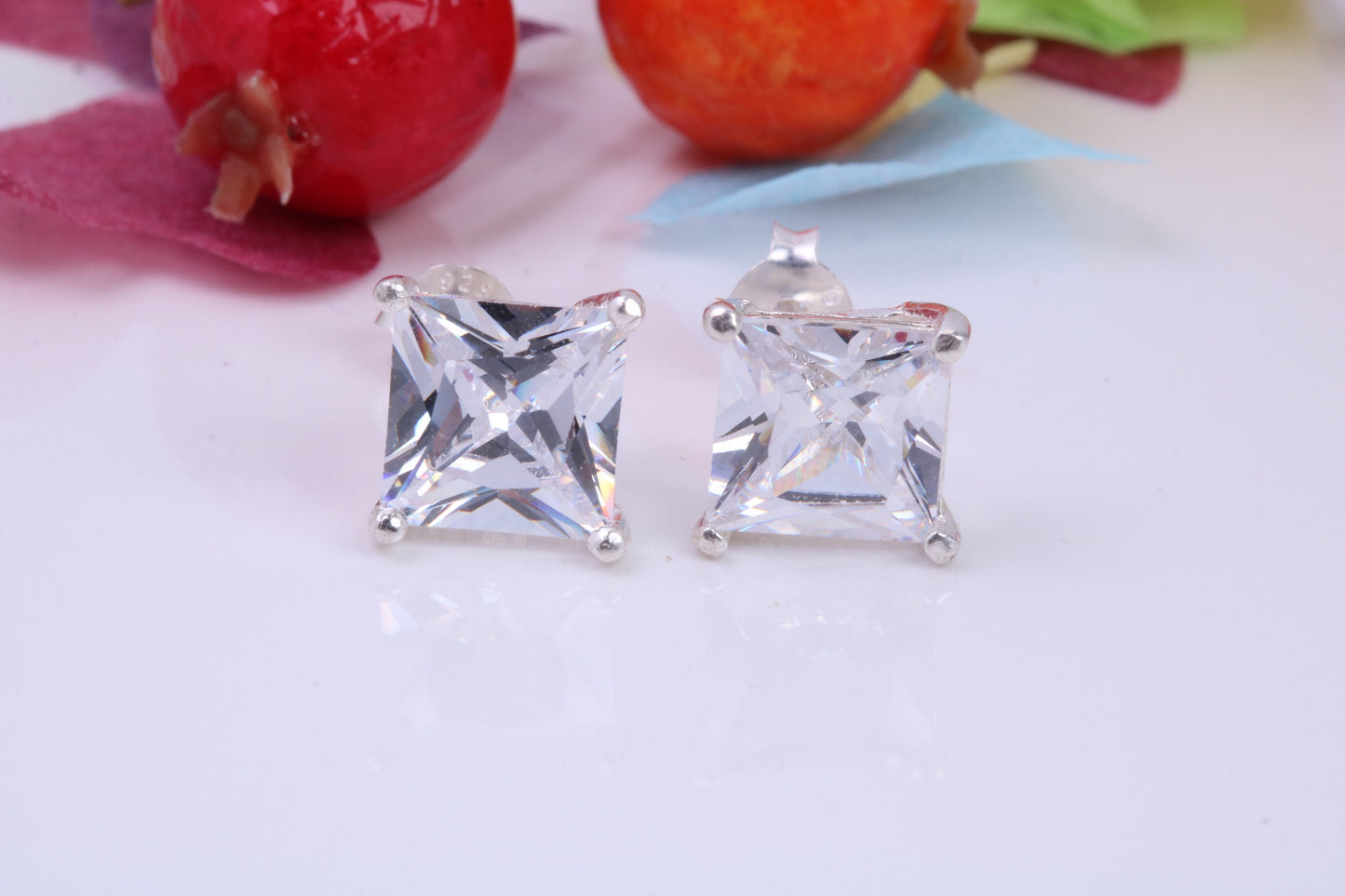 9 mm Square Cubic Zirconia set Stud Earrings, Made from Solid Cast Sterling Silver, Ideal for Gents