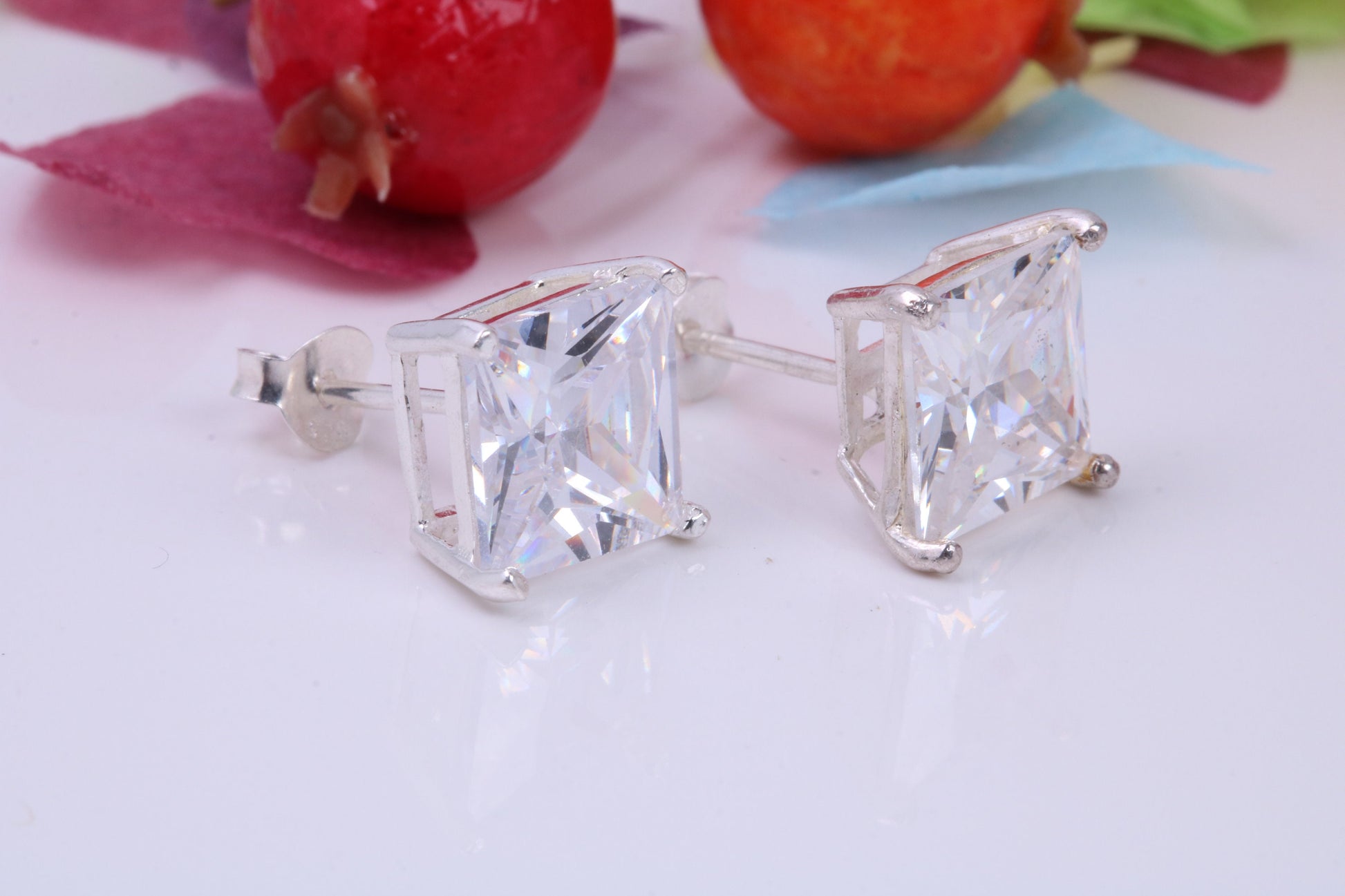 10 mm Square Cubic Zirconia set Stud Earrings, Made from Solid Cast Sterling Silver, Ideal for Gents