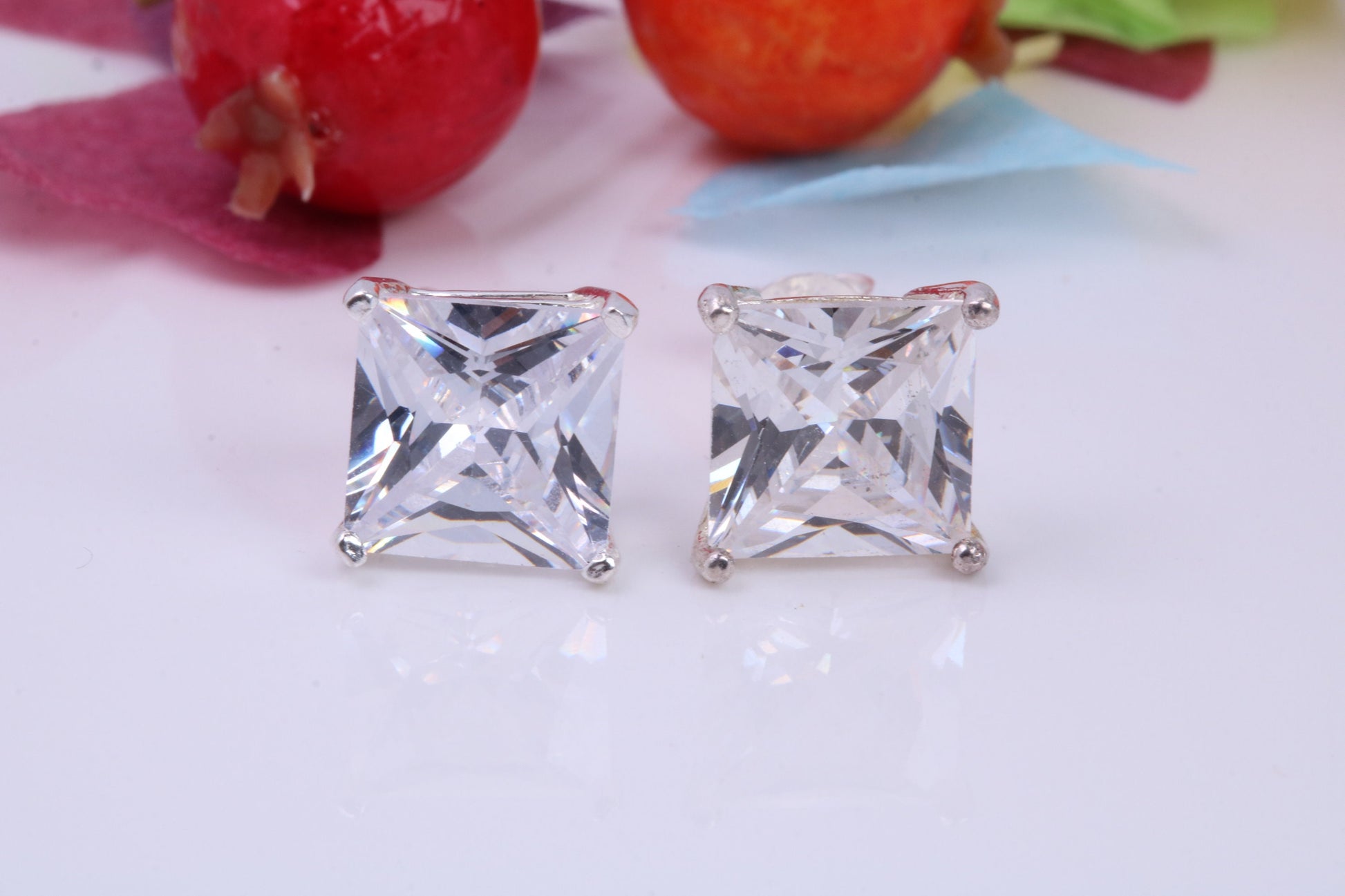 10 mm Square Cubic Zirconia set Stud Earrings, Made from Solid Cast Sterling Silver, Ideal for Gents