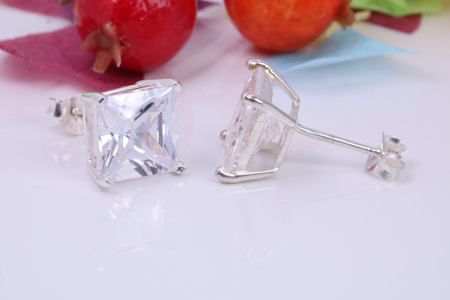 10 mm Square Cubic Zirconia set Stud Earrings, Made from Solid Cast Sterling Silver, Ideal for Gents