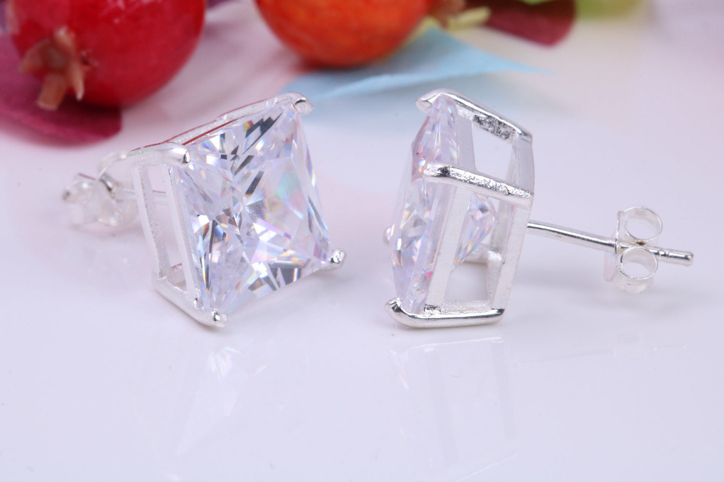 Large 11 mm Square Cubic Zirconia set Stud Earrings, Made from Solid Cast Sterling Silver, Ideal for Gents