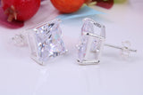 Large 11 mm Square Cubic Zirconia set Stud Earrings, Made from Solid Cast Sterling Silver, Ideal for Gents