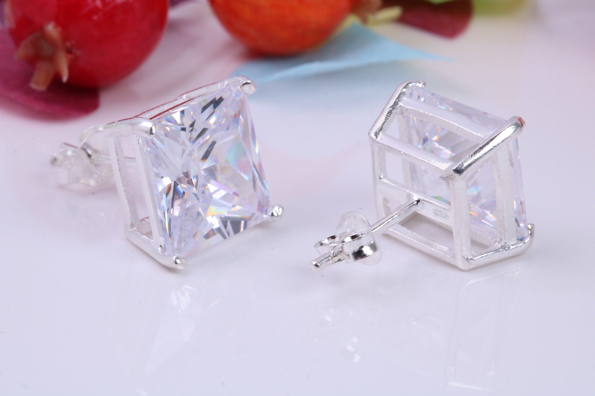 Large 11 mm Square Cubic Zirconia set Stud Earrings, Made from Solid Cast Sterling Silver, Ideal for Gents