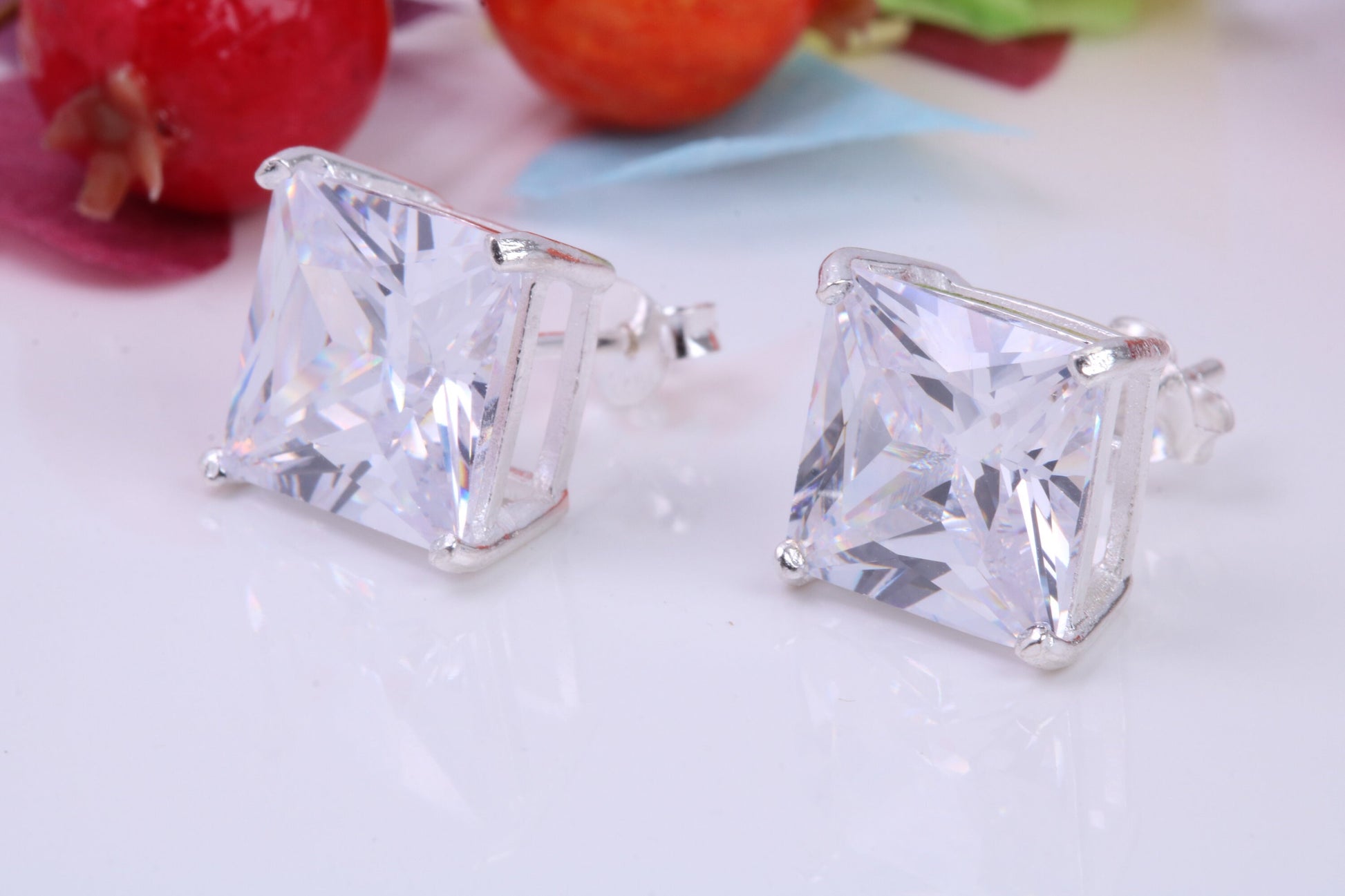 Large 11 mm Square Cubic Zirconia set Stud Earrings, Made from Solid Cast Sterling Silver, Ideal for Gents