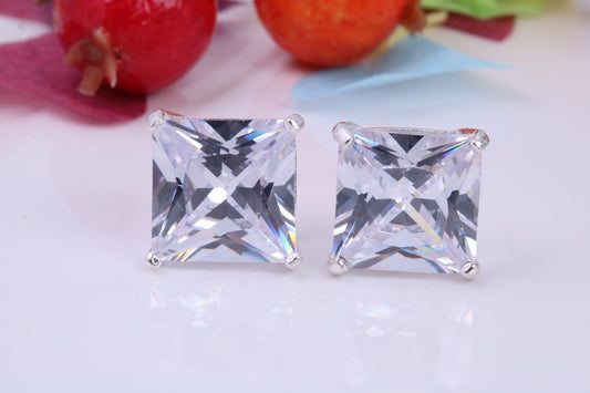 Large 11 mm Square Cubic Zirconia set Stud Earrings, Made from Solid Cast Sterling Silver, Ideal for Gents