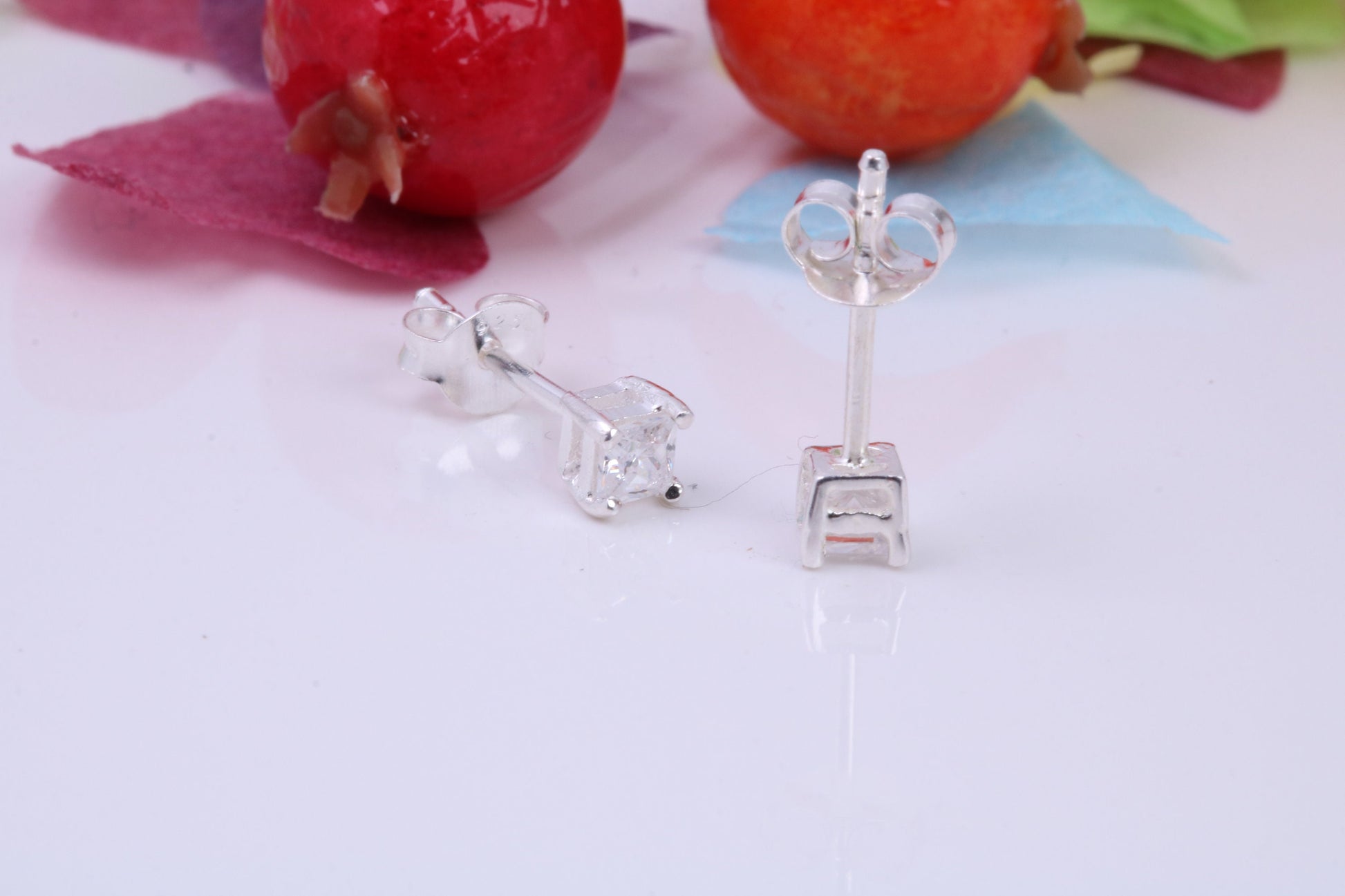 3 mm Square Cubic Zirconia set Stud Earrings, Made from Solid Cast Sterling Silver, Ideal for Gents