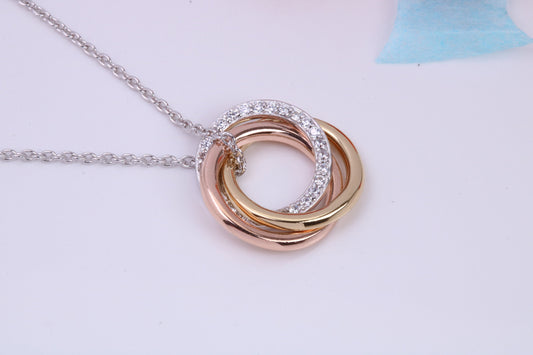 Triple Hoop Necklace with Length Adjustable Chain, Made from solid Sterling Silver, 18ct Yellow and Rose Gold Plated