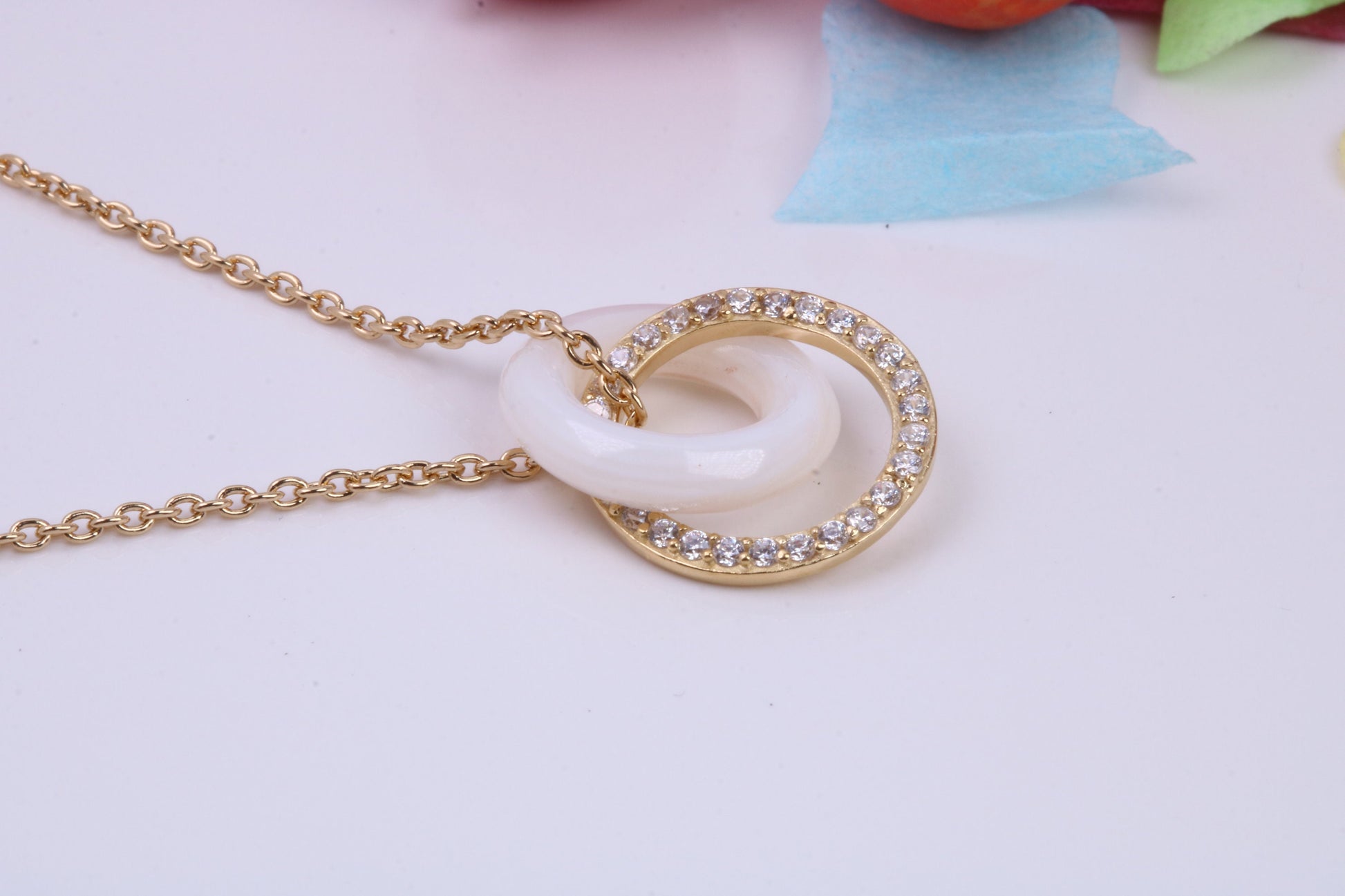Double Hoop C Z and Mother of Pearl Necklace with Length Adjustable Chain, Made from solid Sterling Silver, 18ct Yellow and Rose Gold Plated