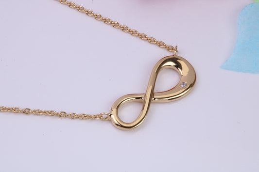 Infinity Necklace with Length Adjustable Chain, Made from solid Sterling Silver, 18ct Yellow Gold Plated