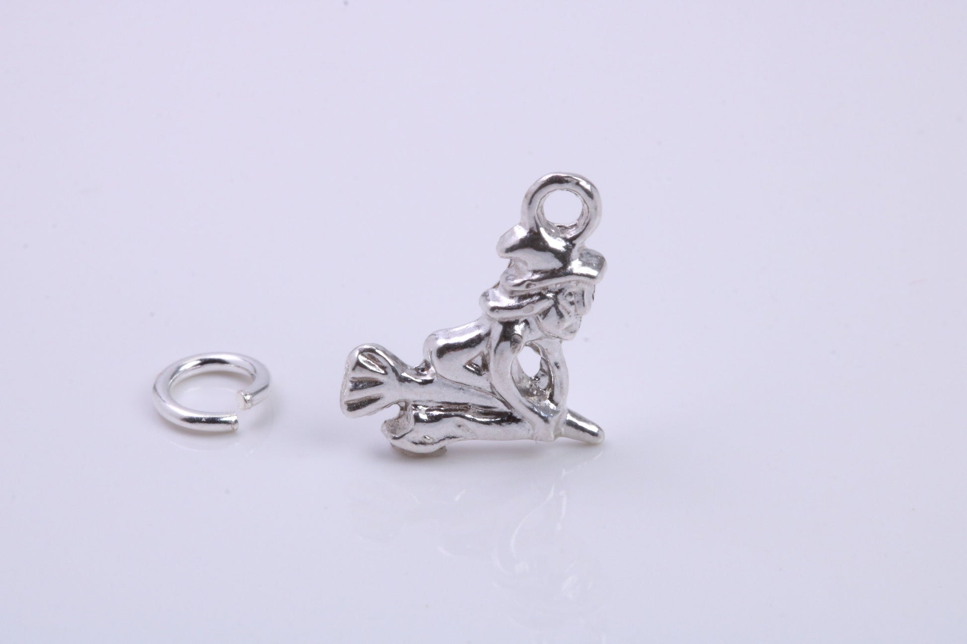 Witch on Broom Stick Charm, Traditional Charm, Made from Solid 925 Grade Sterling Silver, Complete with Attachment Link