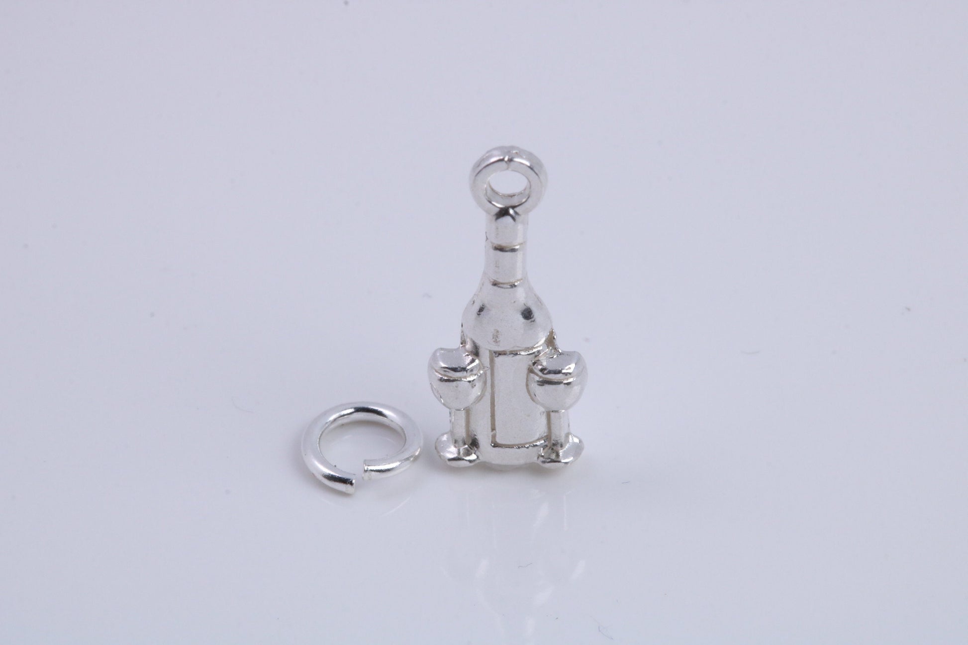 Wine Bottle and Glasses Charm, Traditional Charm, Made from Solid 925 Grade Sterling Silver, Complete with Attachment Link