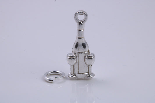 Wine Bottle and Glasses Charm, Traditional Charm, Made from Solid 925 Grade Sterling Silver, Complete with Attachment Link