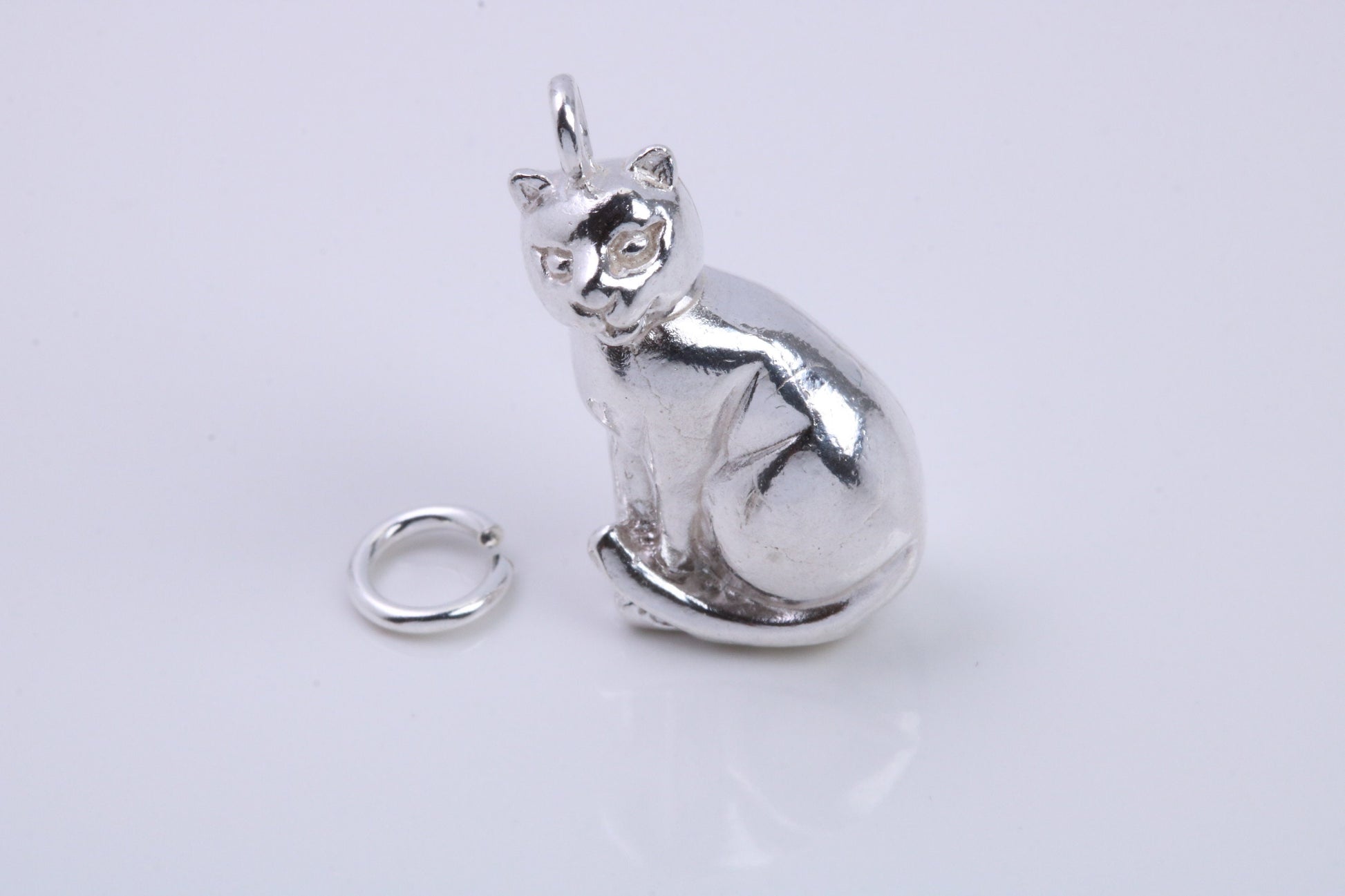 Large Sitting Cat Charm, Traditional Charm, Made from Solid 925 Grade Sterling Silver, Complete with Attachment Link