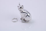Large Sitting Cat Charm, Traditional Charm, Made from Solid 925 Grade Sterling Silver, Complete with Attachment Link