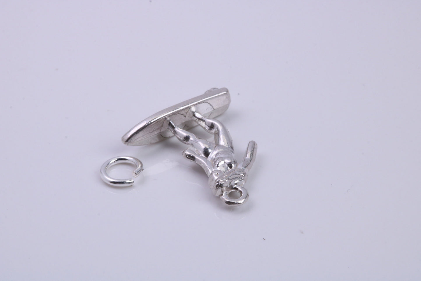 Surfing Girl Charm, Traditional Charm, Made from Solid 925 Grade Sterling Silver, Complete with Attachment Link