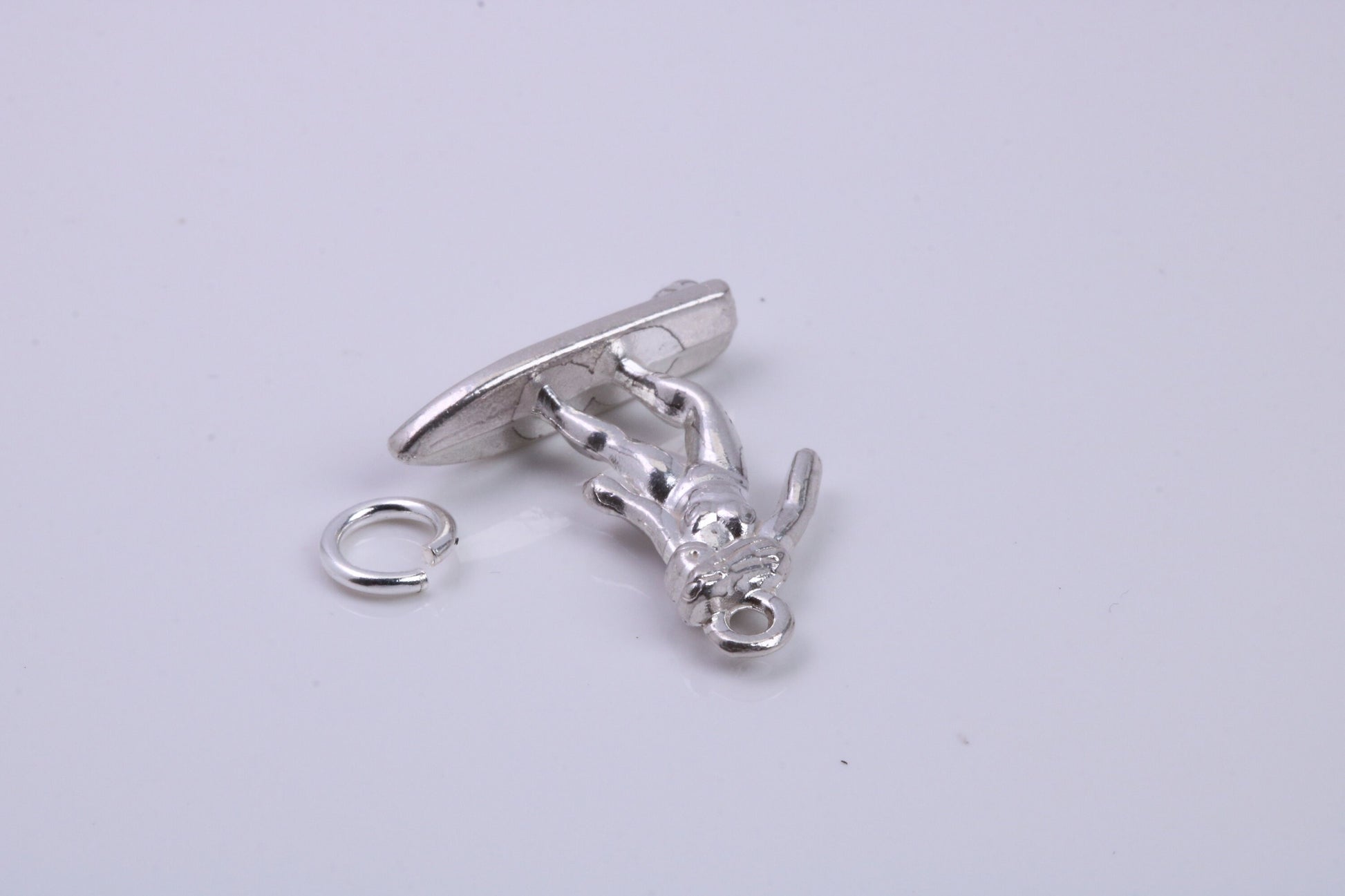 Surfing Girl Charm, Traditional Charm, Made from Solid 925 Grade Sterling Silver, Complete with Attachment Link