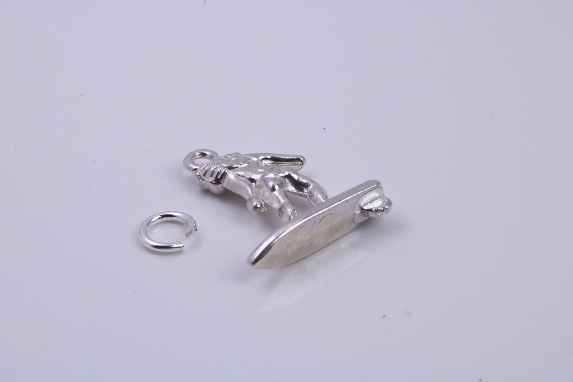 Surfing Girl Charm, Traditional Charm, Made from Solid 925 Grade Sterling Silver, Complete with Attachment Link